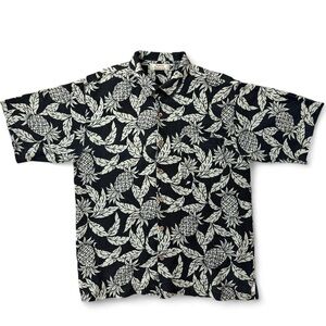 TOMMY BAHAMA 100% Silk Pineapples Black/Green Hawaiian Shirt Men’s Size Medium